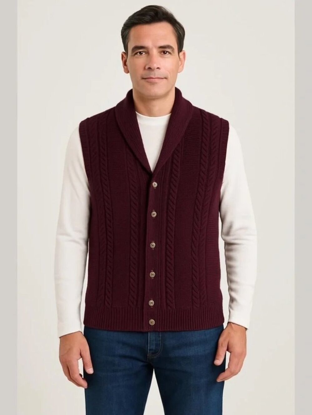 Eleventy 100% Wool Wine Cableknit Button Front Sweater Vest Size XL